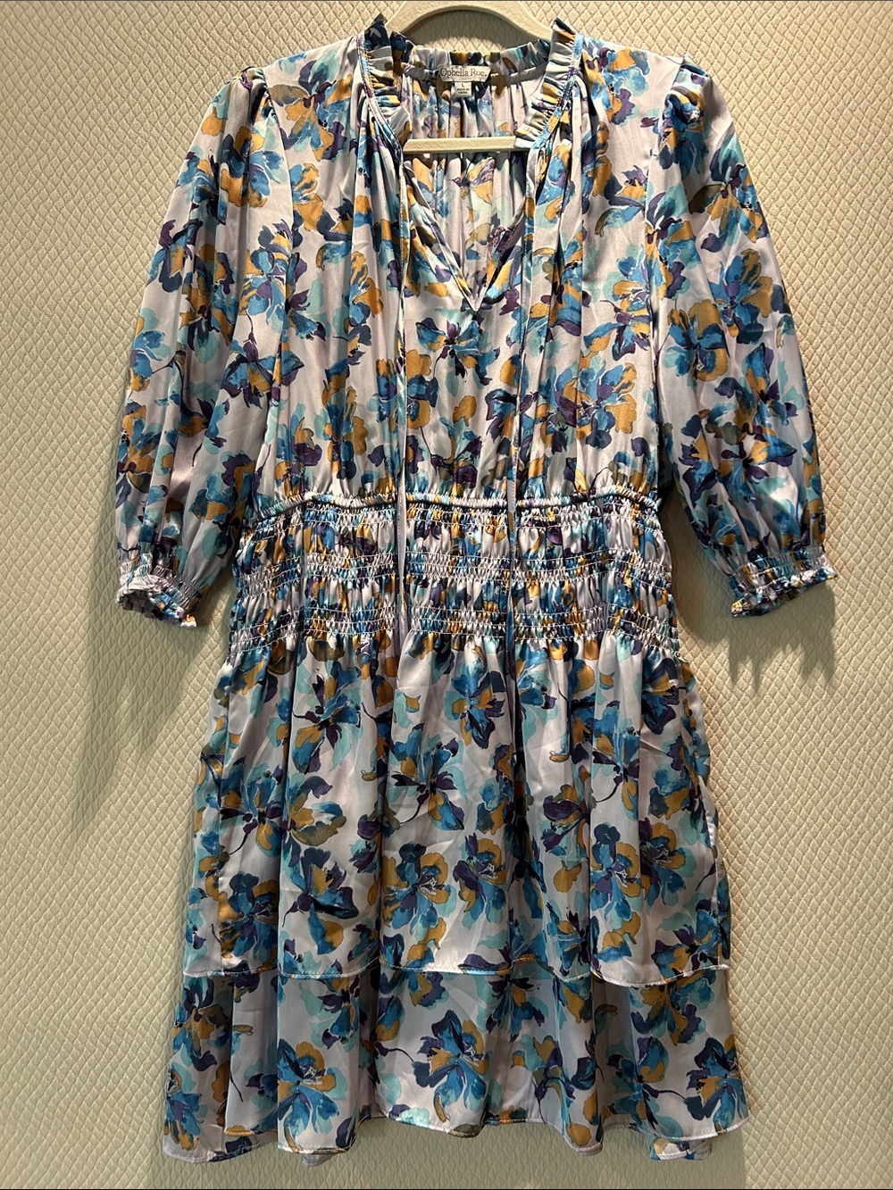 Blue Floral Smocked Midi Dress with V-Neck and Tie, Size L